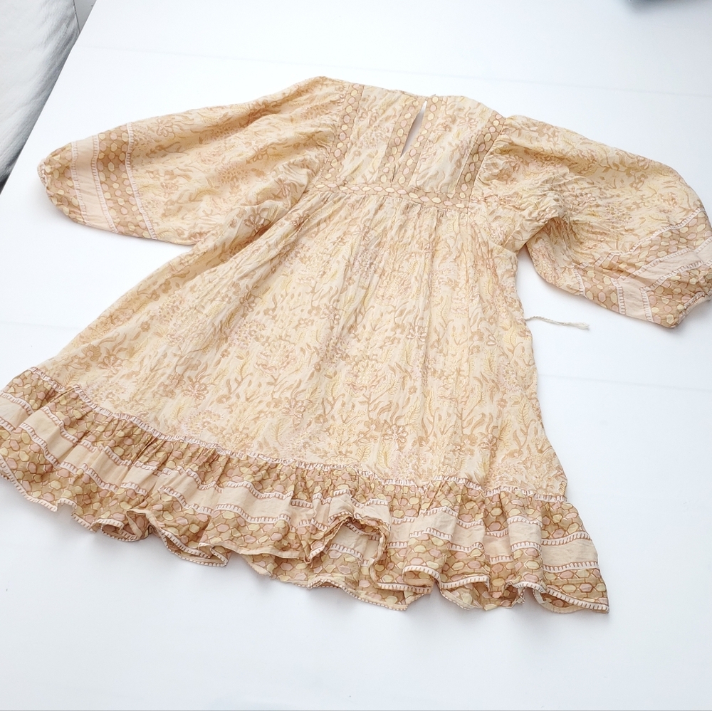 CLEOBELLA Revolve Rosy Mini Dress in Tamil Block Print Tan Boho Organic Cotton M - Picture 8 of 11